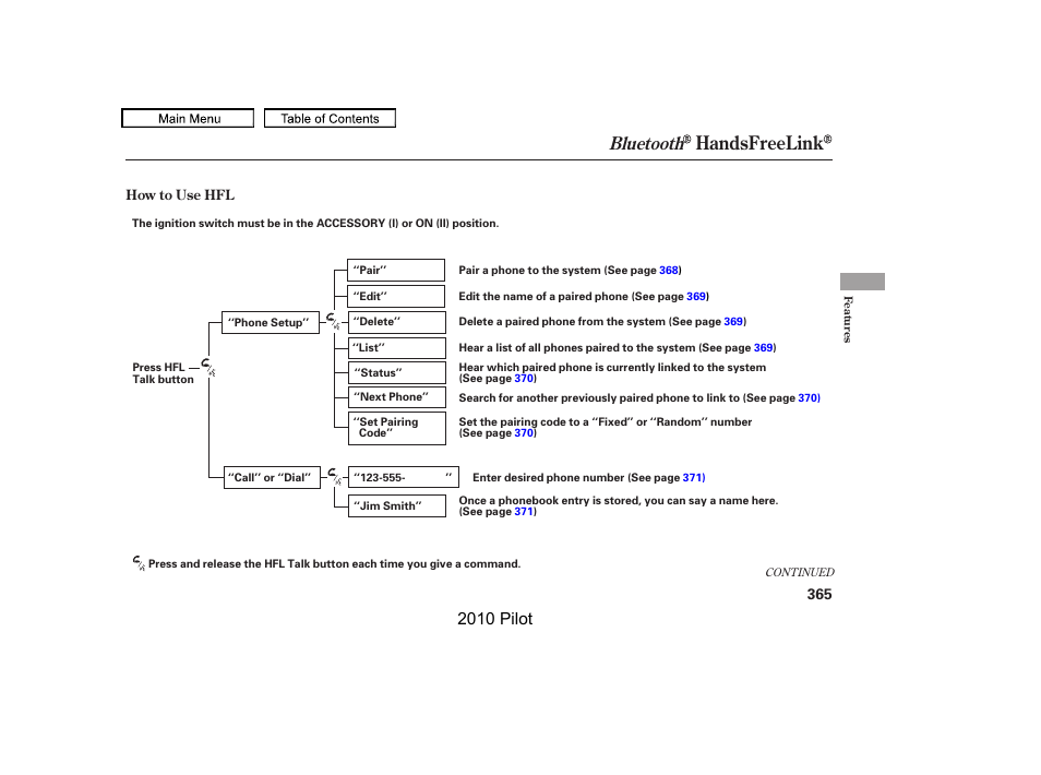 Handsfreelink, Bluetooth, 2010 pilot | HONDA 2010 Pilot User Manual | Page 369 / 575