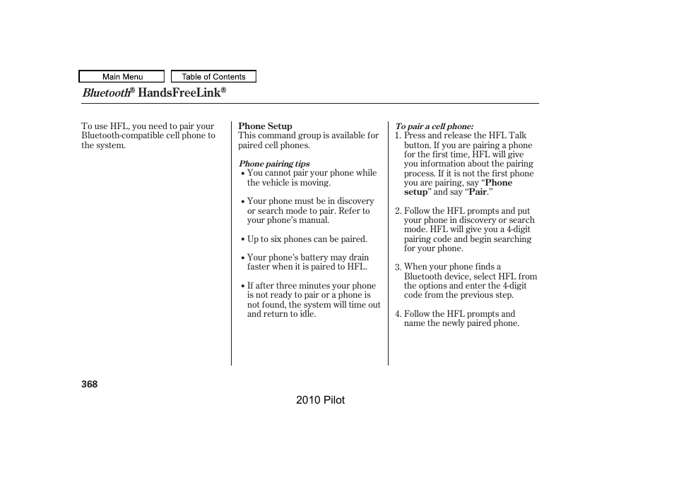 Handsfreelink, Bluetooth | HONDA 2010 Pilot User Manual | Page 372 / 575