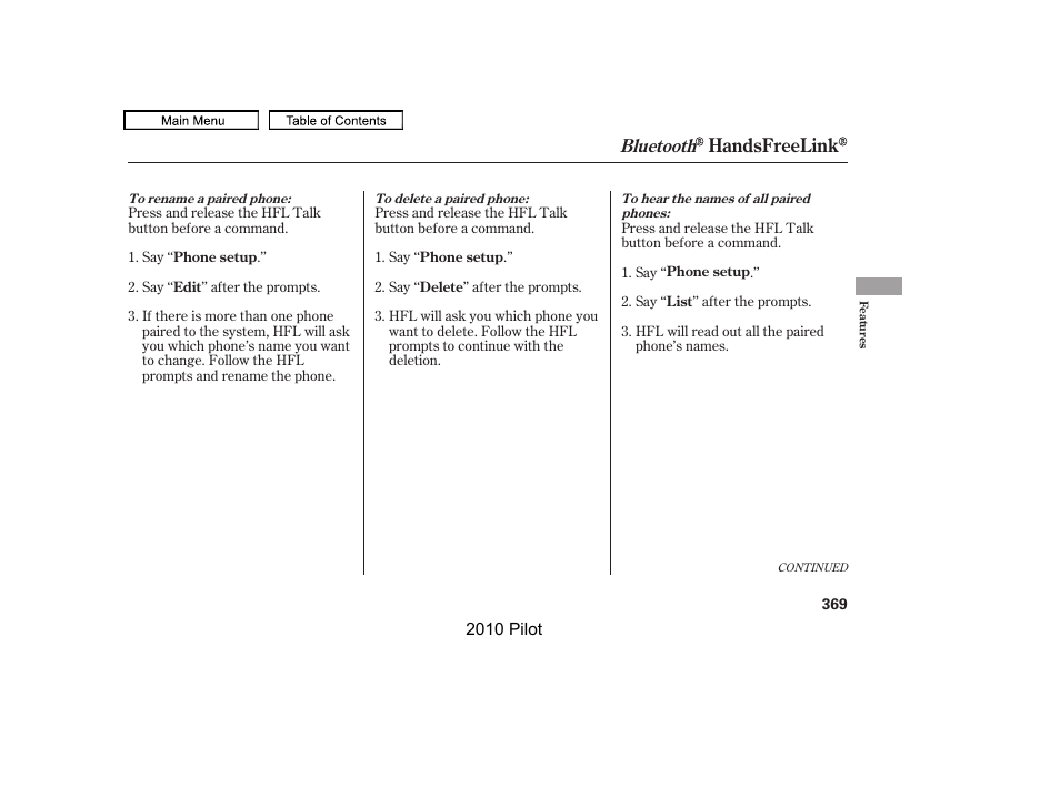 Handsfreelink, Bluetooth | HONDA 2010 Pilot User Manual | Page 373 / 575