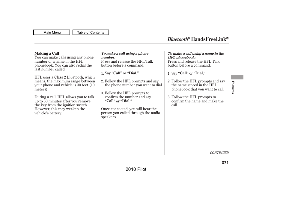 Handsfreelink, Bluetooth | HONDA 2010 Pilot User Manual | Page 375 / 575