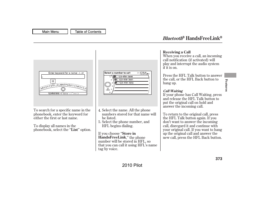 Handsfreelink, Bluetooth | HONDA 2010 Pilot User Manual | Page 377 / 575