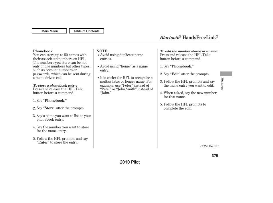 Handsfreelink, Bluetooth | HONDA 2010 Pilot User Manual | Page 379 / 575