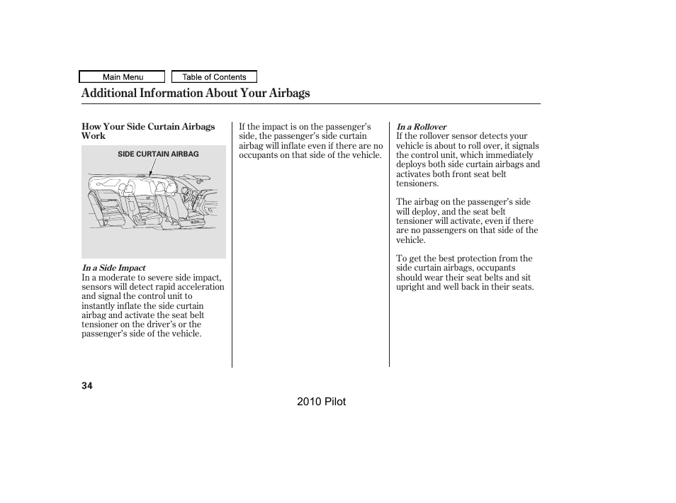 Additional information about your airbags | HONDA 2010 Pilot User Manual | Page 38 / 575