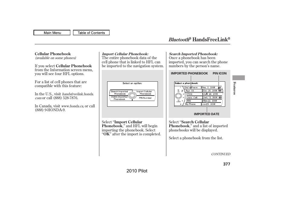 Handsfreelink, Bluetooth | HONDA 2010 Pilot User Manual | Page 381 / 575