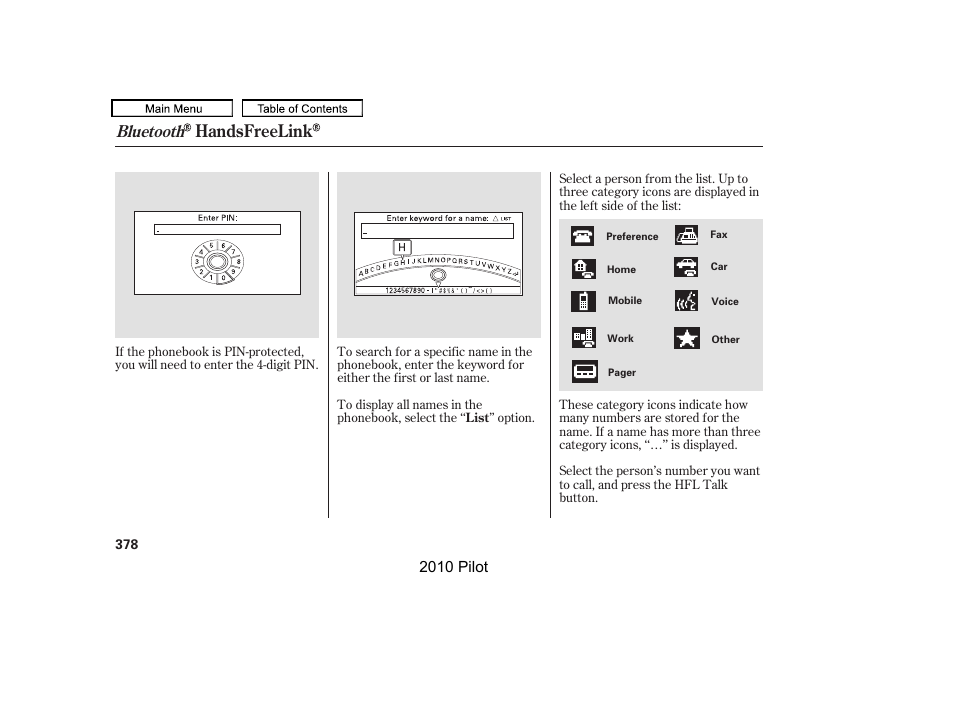 Handsfreelink, Bluetooth | HONDA 2010 Pilot User Manual | Page 382 / 575