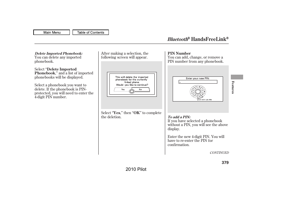 Handsfreelink, Bluetooth | HONDA 2010 Pilot User Manual | Page 383 / 575