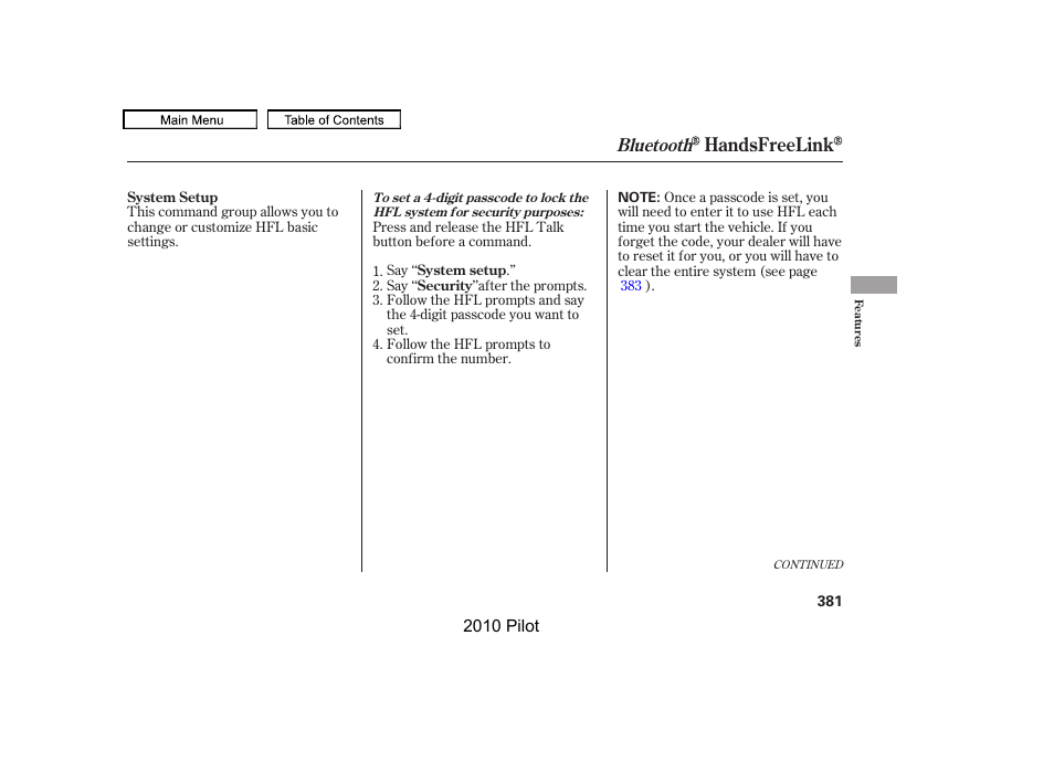 Handsfreelink, Bluetooth | HONDA 2010 Pilot User Manual | Page 385 / 575