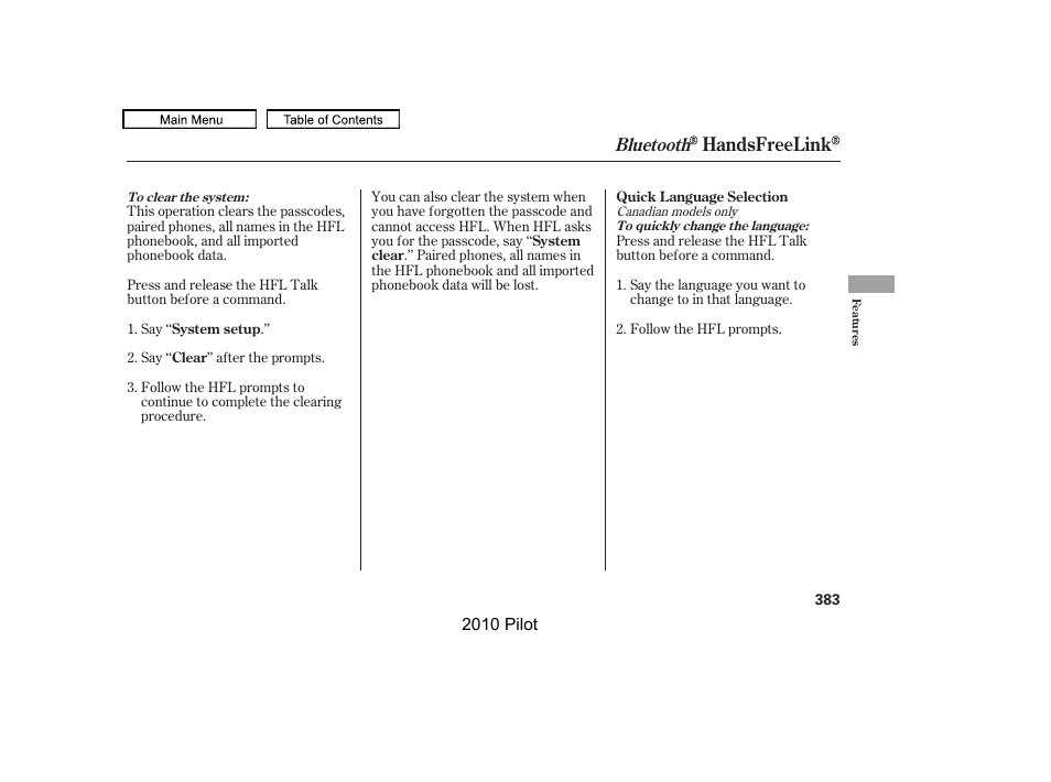 Handsfreelink, Bluetooth | HONDA 2010 Pilot User Manual | Page 387 / 575