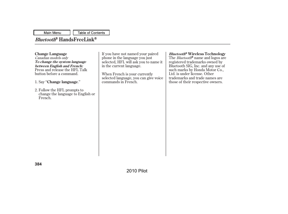 Handsfreelink, Bluetooth | HONDA 2010 Pilot User Manual | Page 388 / 575