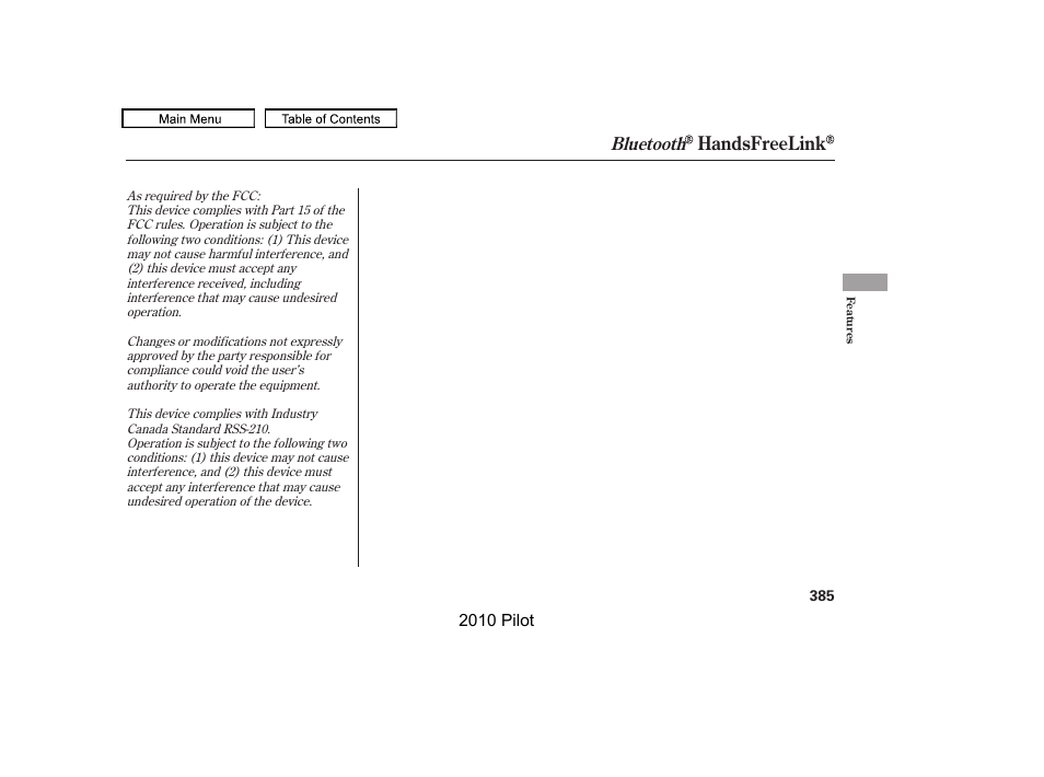 Handsfreelink, Bluetooth | HONDA 2010 Pilot User Manual | Page 389 / 575