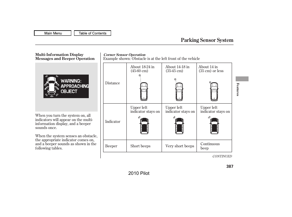 Parking sensor system | HONDA 2010 Pilot User Manual | Page 391 / 575