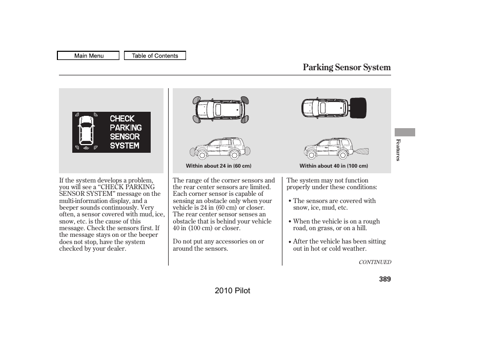 Parking sensor system | HONDA 2010 Pilot User Manual | Page 393 / 575