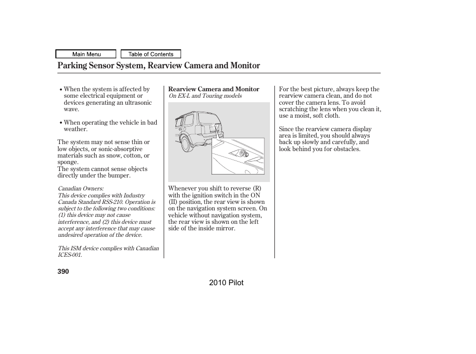 Parking sensor system, rearview camera and monitor | HONDA 2010 Pilot User Manual | Page 394 / 575