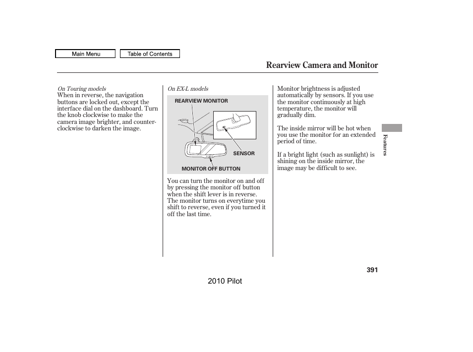 Rearview camera and monitor | HONDA 2010 Pilot User Manual | Page 395 / 575