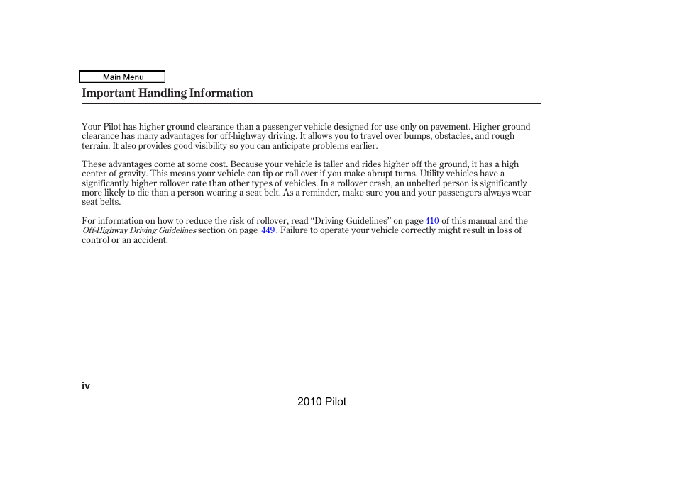 Important handling information | HONDA 2010 Pilot User Manual | Page 4 / 575