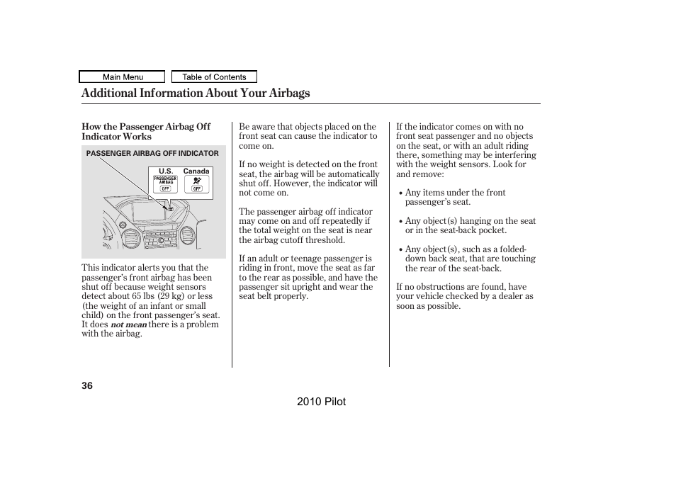 Additional information about your airbags | HONDA 2010 Pilot User Manual | Page 40 / 575