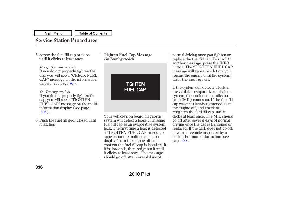 Service station procedures | HONDA 2010 Pilot User Manual | Page 400 / 575