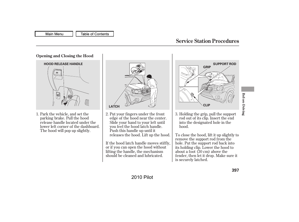 Service station procedures, 2010 pilot | HONDA 2010 Pilot User Manual | Page 401 / 575