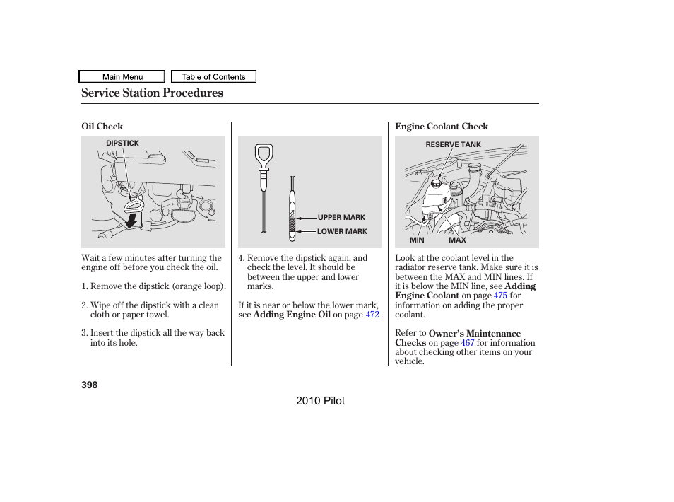 Service station procedures | HONDA 2010 Pilot User Manual | Page 402 / 575