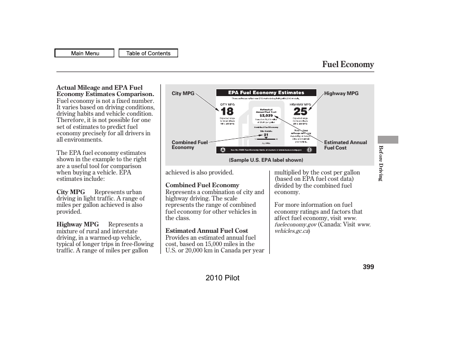 Fuel economy, 2010 pilot | HONDA 2010 Pilot User Manual | Page 403 / 575