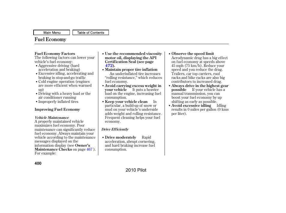 Fuel economy | HONDA 2010 Pilot User Manual | Page 404 / 575