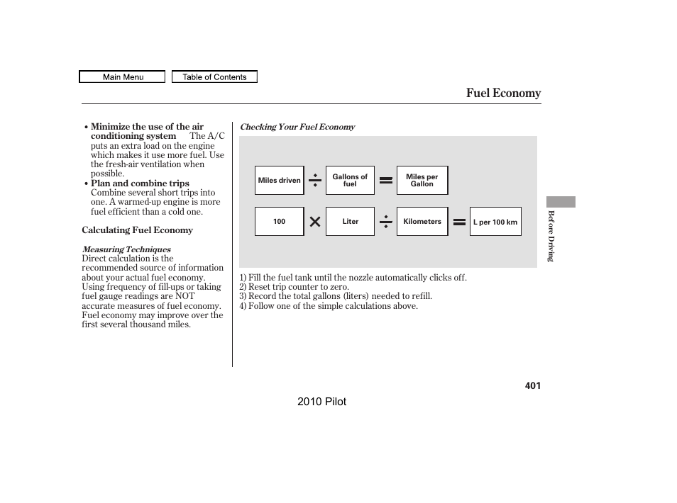 Fuel economy, 2010 pilot | HONDA 2010 Pilot User Manual | Page 405 / 575