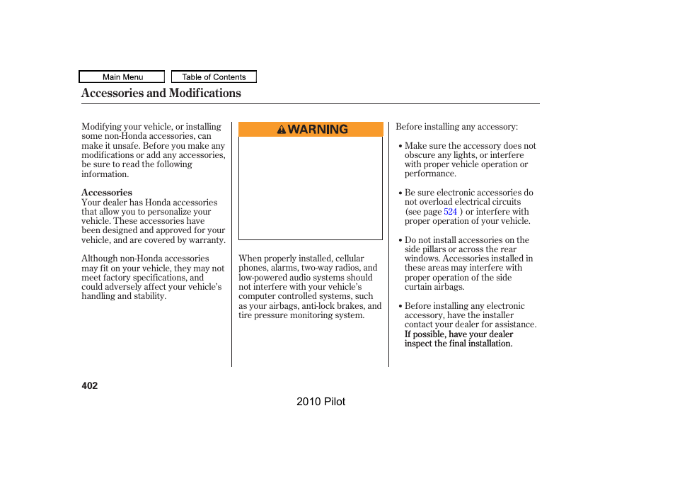 Accessories and modifications | HONDA 2010 Pilot User Manual | Page 406 / 575