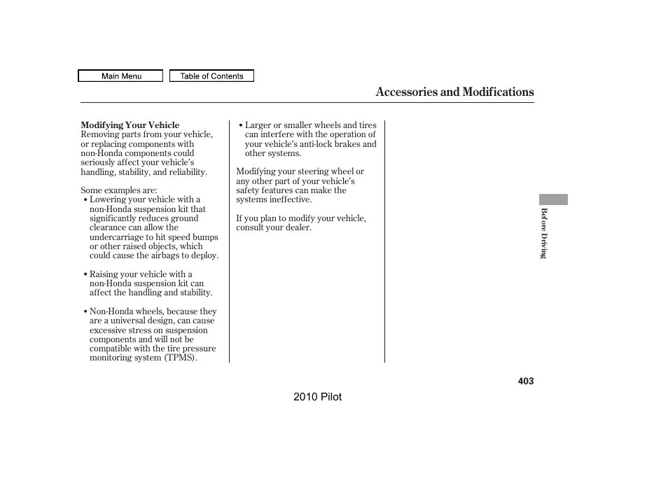 Accessories and modifications | HONDA 2010 Pilot User Manual | Page 407 / 575