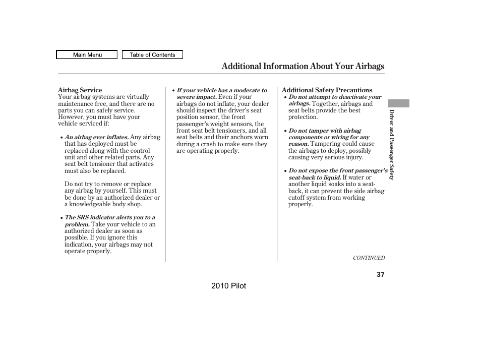 Additional information about your airbags | HONDA 2010 Pilot User Manual | Page 41 / 575