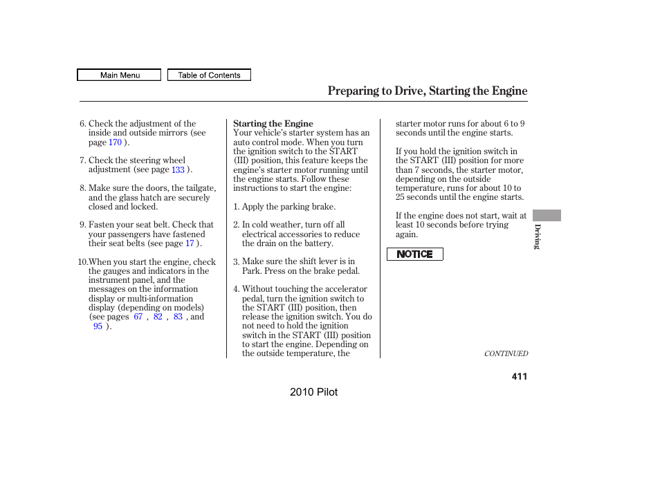 Preparing to drive, starting the engine | HONDA 2010 Pilot User Manual | Page 415 / 575