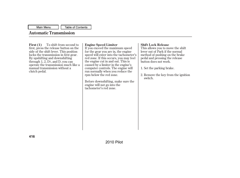 Automatic transmission | HONDA 2010 Pilot User Manual | Page 420 / 575