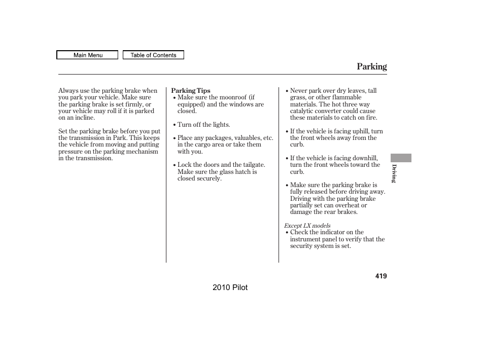 Parking | HONDA 2010 Pilot User Manual | Page 423 / 575