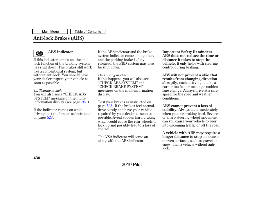 Anti-lock brakes (abs) | HONDA 2010 Pilot User Manual | Page 434 / 575