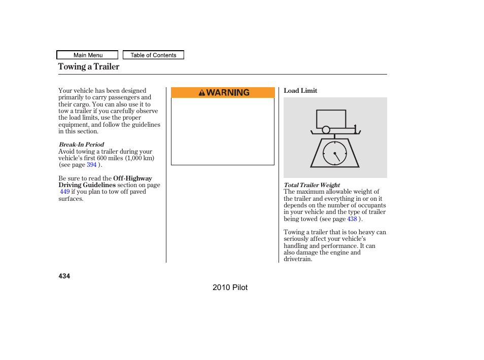 Towing a trailer | HONDA 2010 Pilot User Manual | Page 438 / 575