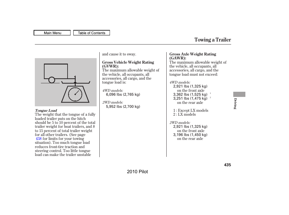 Towing a trailer | HONDA 2010 Pilot User Manual | Page 439 / 575