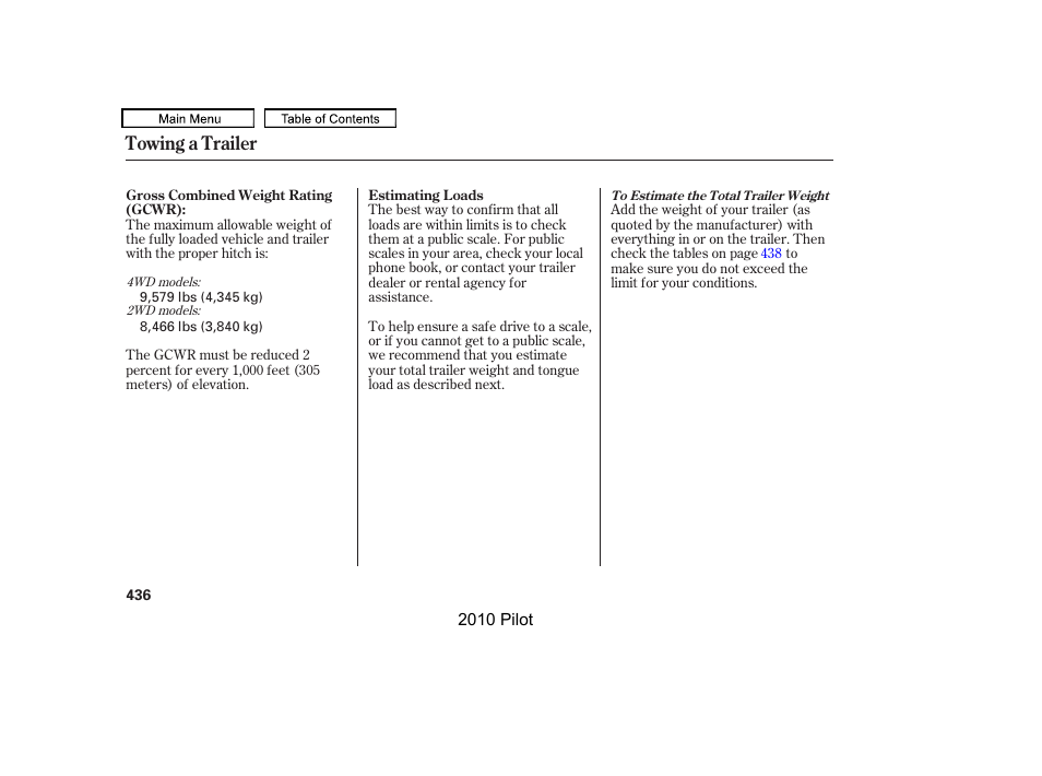 Towing a trailer | HONDA 2010 Pilot User Manual | Page 440 / 575