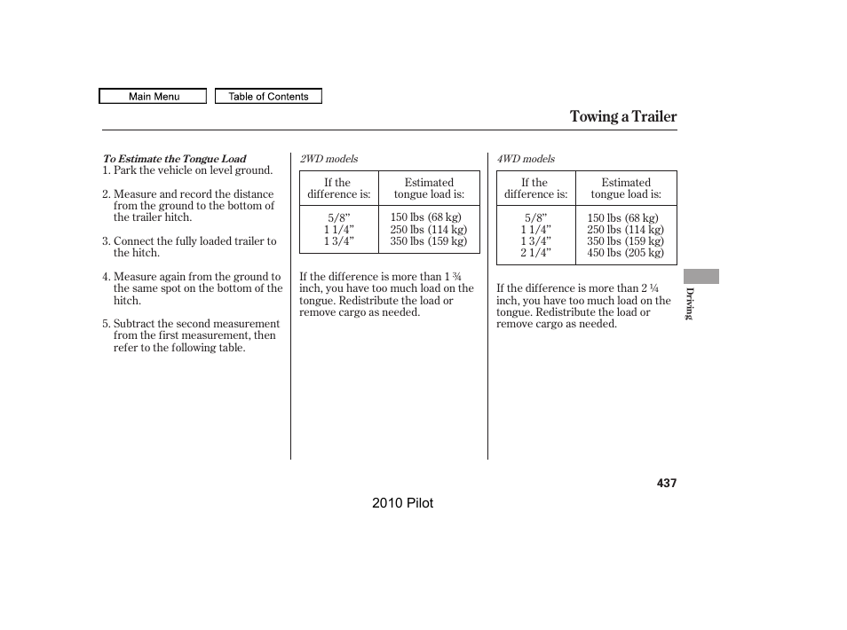 Towing a trailer | HONDA 2010 Pilot User Manual | Page 441 / 575