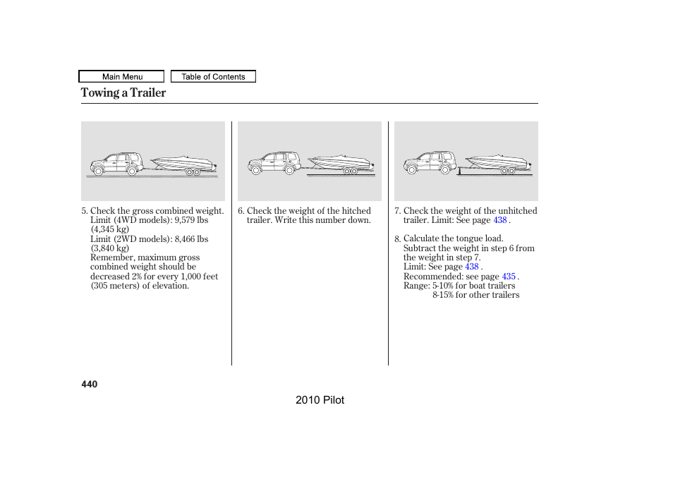 Towing a trailer | HONDA 2010 Pilot User Manual | Page 444 / 575