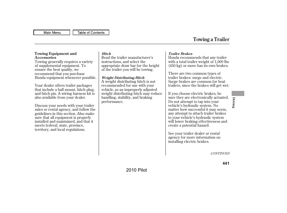 Towing a trailer | HONDA 2010 Pilot User Manual | Page 445 / 575