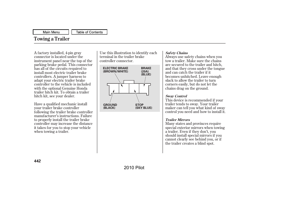 Towing a trailer | HONDA 2010 Pilot User Manual | Page 446 / 575