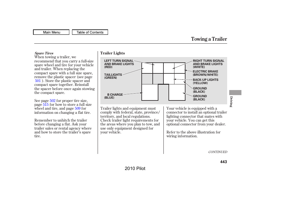 Towing a trailer, 2010 pilot | HONDA 2010 Pilot User Manual | Page 447 / 575