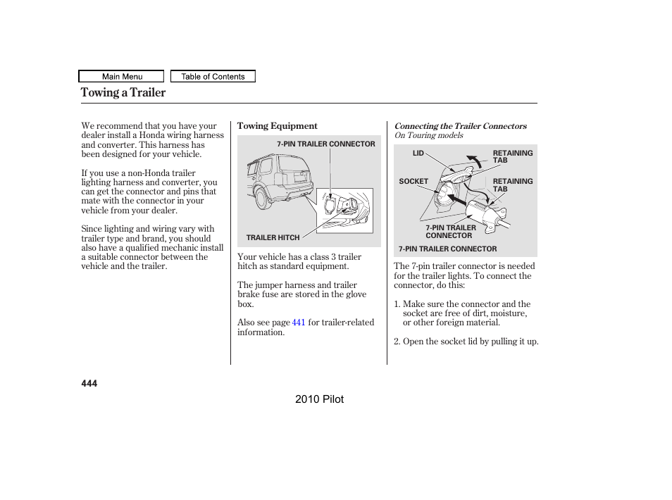 Towing a trailer | HONDA 2010 Pilot User Manual | Page 448 / 575