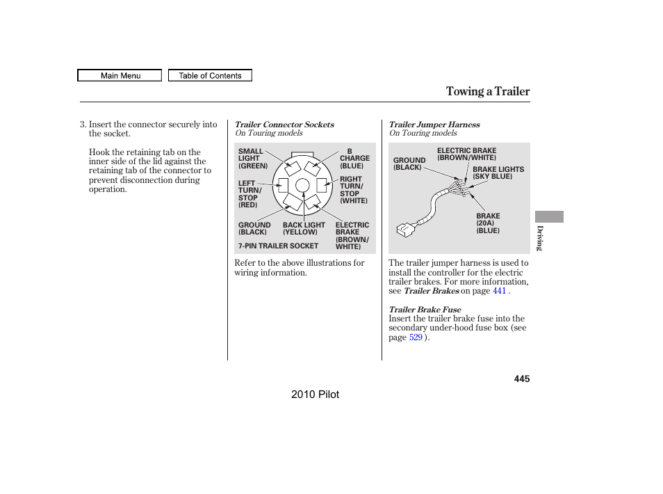 Towing a trailer, 2010 pilot | HONDA 2010 Pilot User Manual | Page 449 / 575