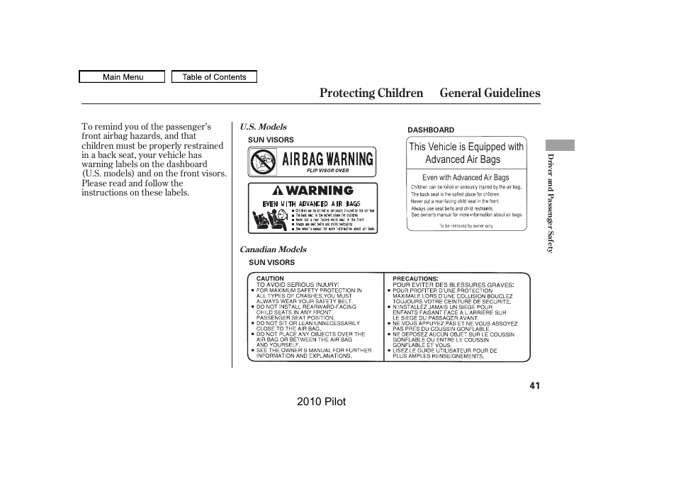 Protecting children general guidelines, 2010 pilot | HONDA 2010 Pilot User Manual | Page 45 / 575