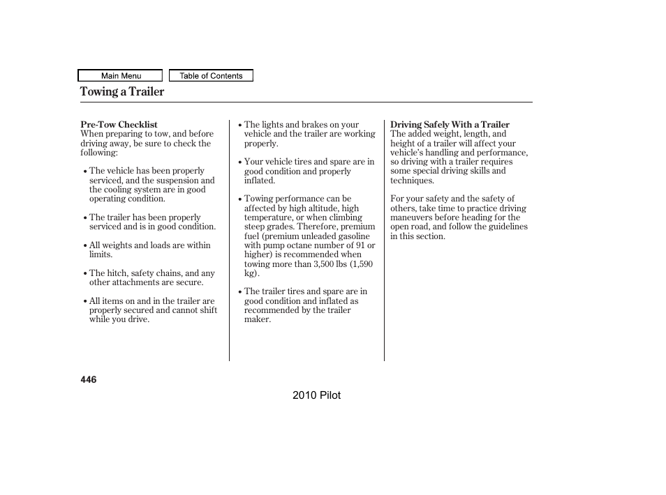 Towing a trailer | HONDA 2010 Pilot User Manual | Page 450 / 575