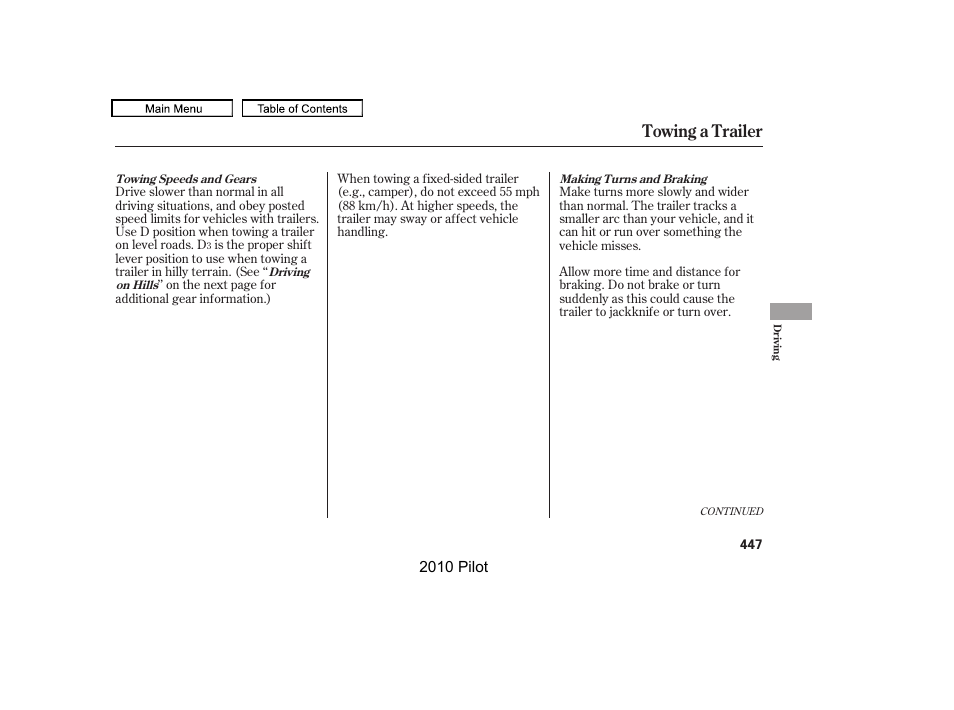 Towing a trailer | HONDA 2010 Pilot User Manual | Page 451 / 575