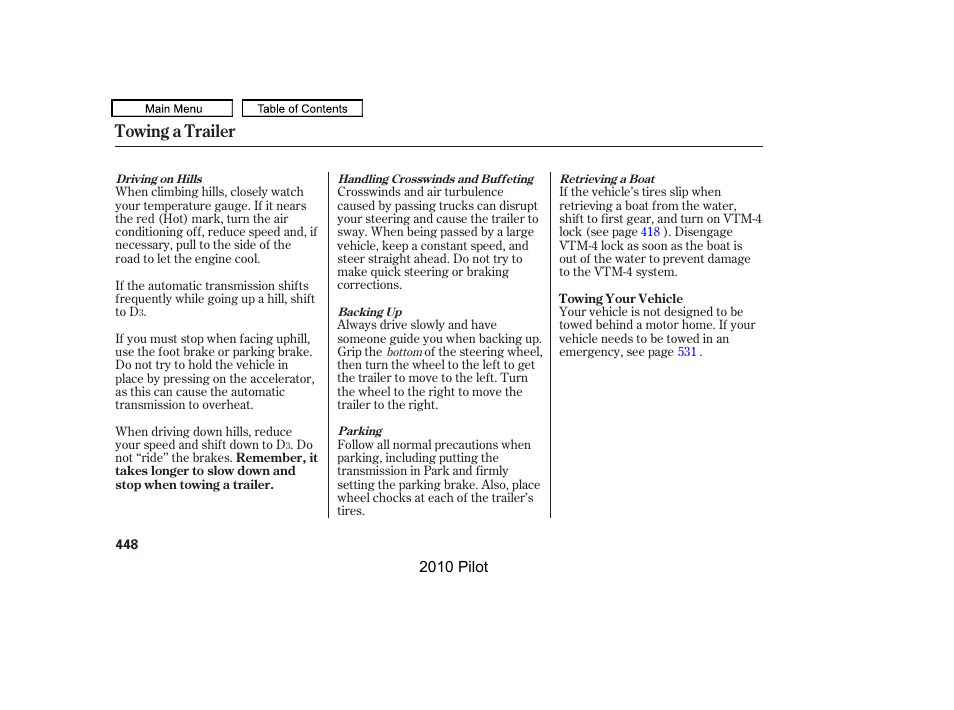 Towing a trailer | HONDA 2010 Pilot User Manual | Page 452 / 575