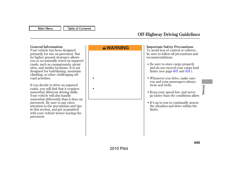 Off-highway driving guidelines | HONDA 2010 Pilot User Manual | Page 453 / 575