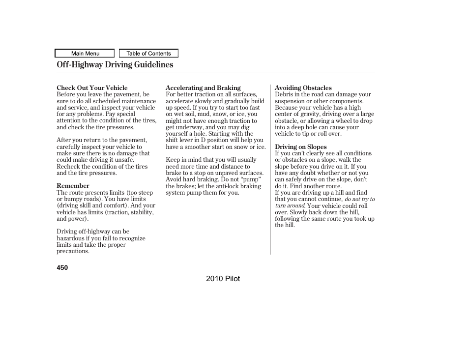 Off-highway driving guidelines | HONDA 2010 Pilot User Manual | Page 454 / 575