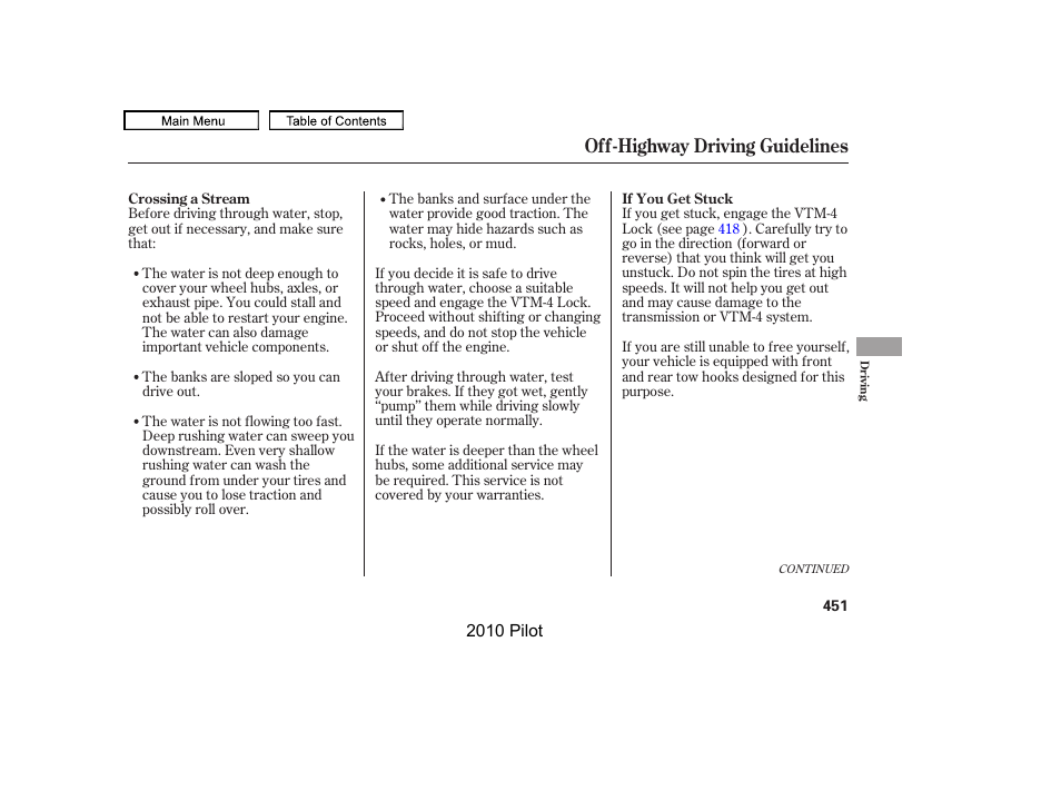 Off-highway driving guidelines | HONDA 2010 Pilot User Manual | Page 455 / 575